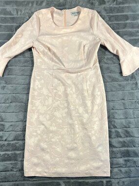 Shelby & Palmer Ivory White Floral Sheath Dress 3/4 Ruffle Bell Sleeve Size 6